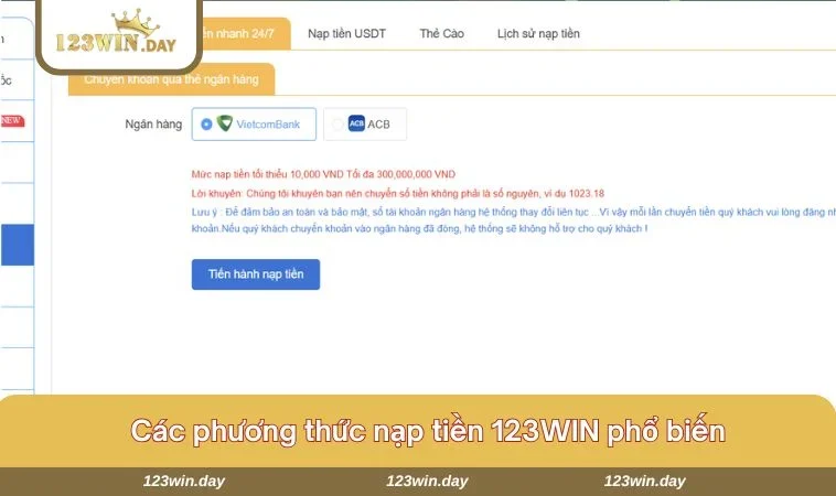 Phương thức nạp tiền bằng tài khoản ngân hàng rất phổ biến